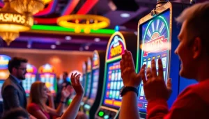 Slot bet kecil dalam suasana kasino ceria dengan pemain merayakan kemenangan kecil.