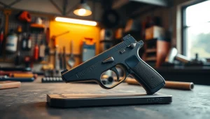 Showcase of a super safety trigger for sale on a workbench with tools enhancing safety.