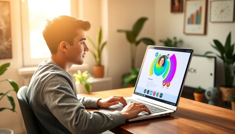Vibrant WhatsApp profile photo design process on a laptop screen.