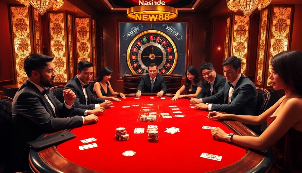Experience vibrant gameplay at Nhà cái NEW88 with poker chips and cards on an elegant table.