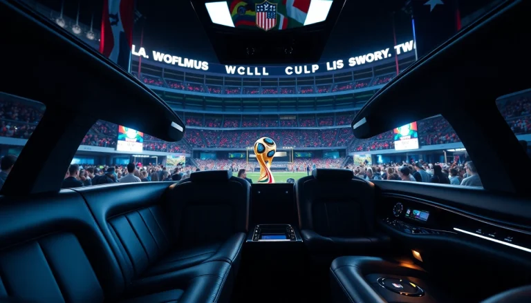 World Cup Group Transportation with a luxury limousine in Los Angeles, featuring plush interiors and vibrant event decor.