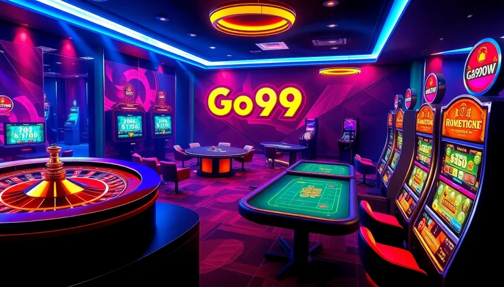 Experience thrilling gameplay at Go99.now with a vibrant online casino environment displaying poker tables and slot machines.