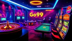 Experience thrilling gameplay at Go99.now with a vibrant online casino environment displaying poker tables and slot machines.