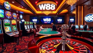 Experience thrilling wins with W88 at an upscale casino featuring luxurious tables and vibrant games.