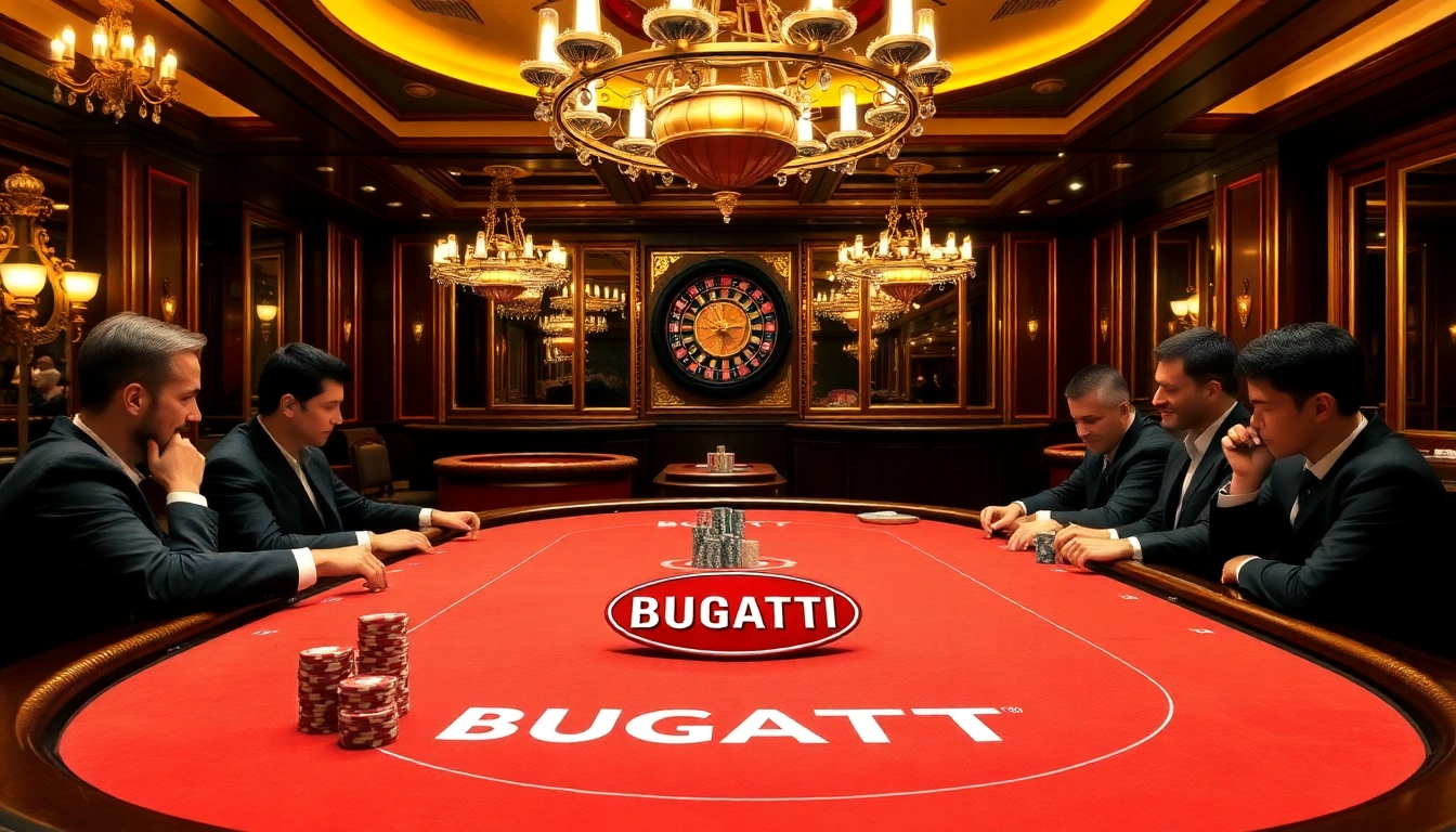 Casino players strategizing at a Bugatti8 branded poker table, exuding luxury and excitement.