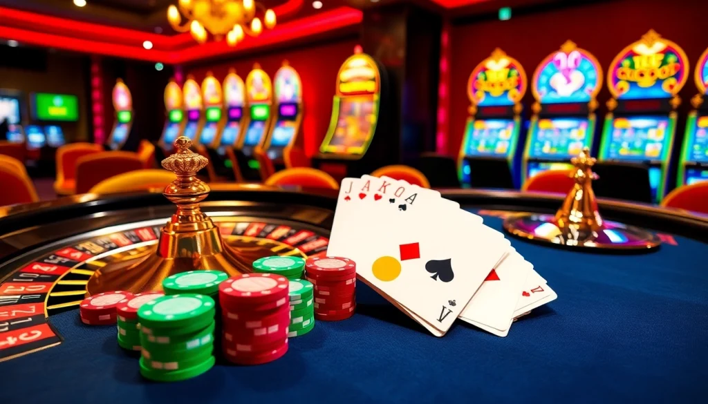 Cảnh casino Bet VIP với bàn poker sang trọng, chip cược nhiều màu sắc và máy đánh bạc sôi động.
