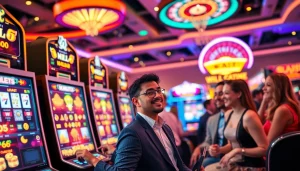 Players enjoying the excitement and thrill of the slot server kamboja no 1 machines at a vibrant casino.