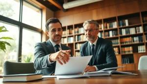 Eminent domain lawyer advising a client in a modern office, showcasing professionalism and expertise.