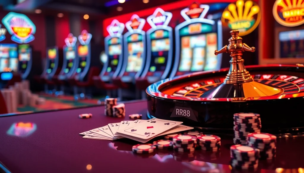The excitement of gambling at https://rr88.gratis/ with vibrant casino elements like a roulette wheel and poker cards.