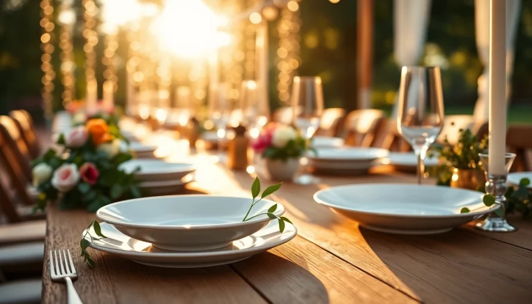 Stylish and elegant compostable wedding plates set on a rustic table surrounded by flowers.