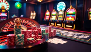 Experience luxury gaming with slot machines and poker chips at https://lotto188.bar, capturing the thrill of online gambling.