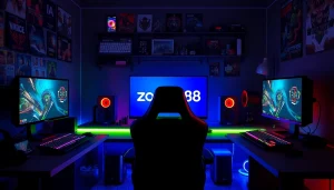 Menampilkan suasana gaming zoom188 dengan alat-alat modern dan pencahayaan warna-warni.