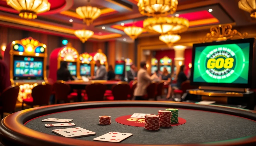 Engage with the thrilling atmosphere of online gambling at GO88, featuring poker tables and vibrant slot machines.