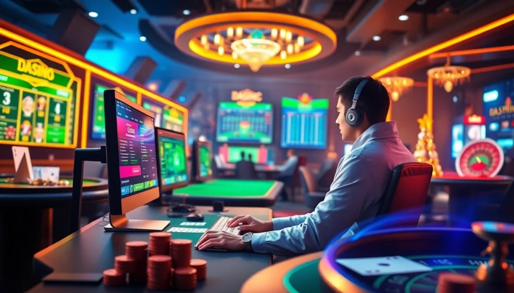 I9bet online casino gamer engaged in high-stakes betting with vibrant virtual games.