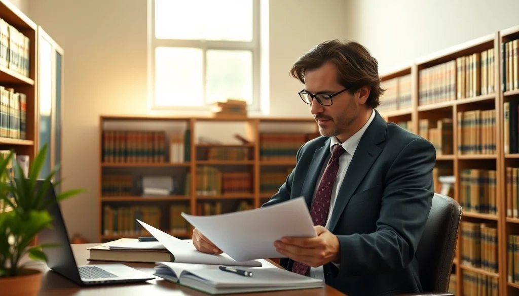 Engaging agricultural law attorney in action, examining important legal documents in a well-lit office.