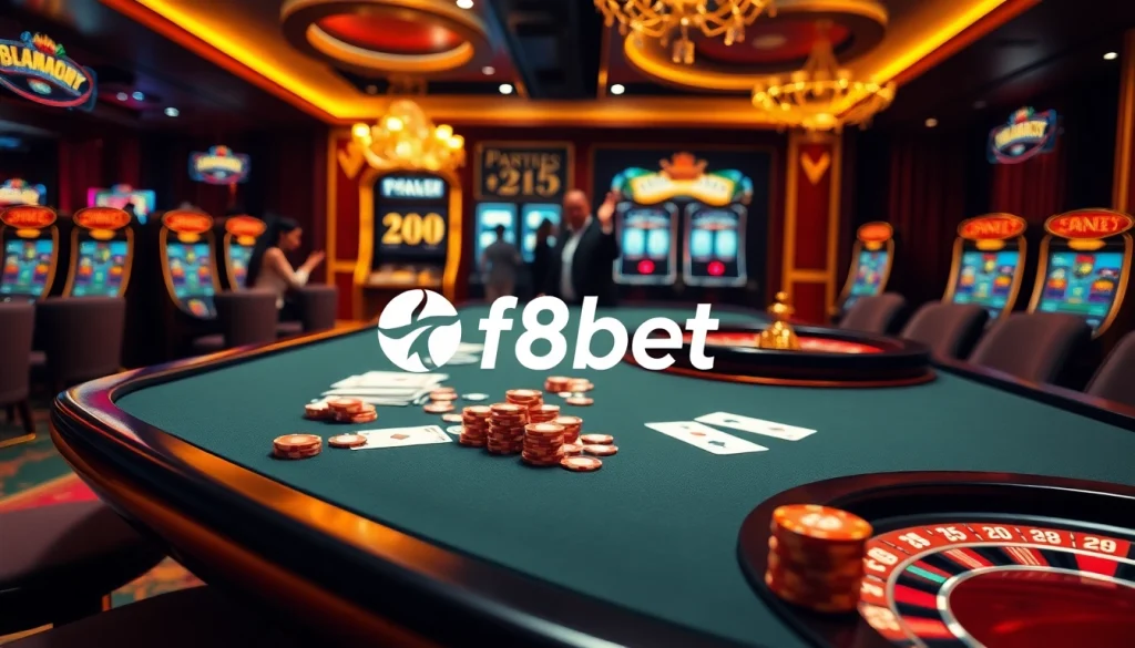 Experience thrilling f8bet action at an upscale casino with vibrant tables and exciting games.