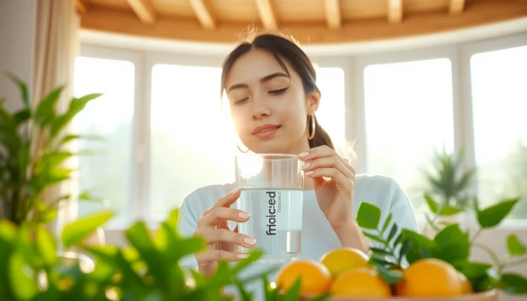 新鮮な果物がある穏やかなウェルネス環境で葉酸サプリを摂取する女性。