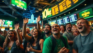Fans actively participating in sports betting in Oklahoma, celebrating in a lively sportsbook environment.