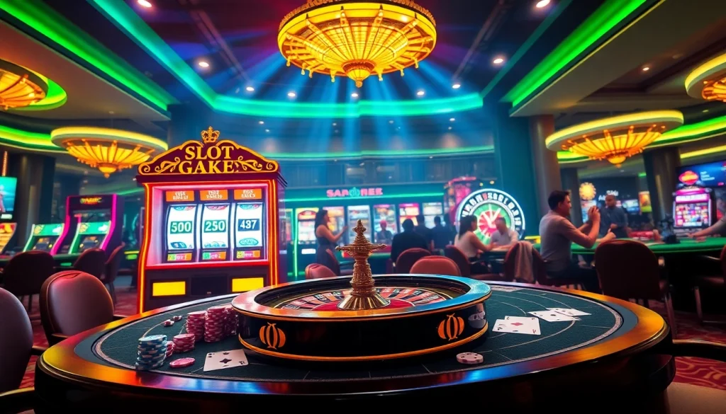 Experience the thrill of winning with Slot Gacor Hari ini in an exciting casino scene featuring vibrant slot machines and poker action.