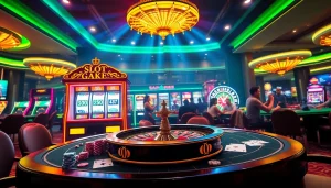 Experience the thrill of winning with Slot Gacor Hari ini in an exciting casino scene featuring vibrant slot machines and poker action.