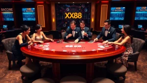 Baccarat table action with players betting at XX88 casino, showcasing elegant gambling atmosphere.