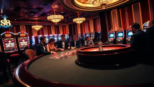 S8 casino scene with elegant gamblers enjoying blackjack at a luxurious table, vibrant atmosphere.