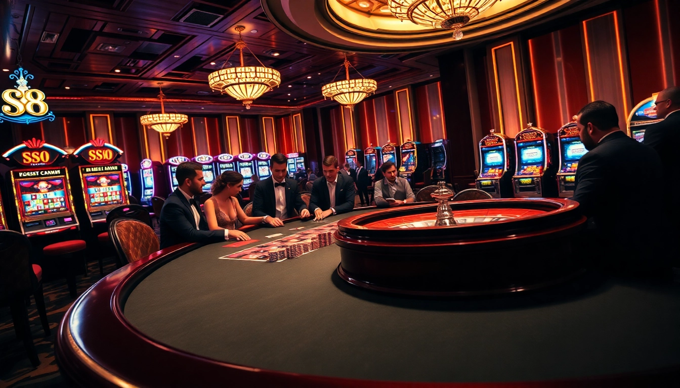 S8 casino scene with elegant gamblers enjoying blackjack at a luxurious table, vibrant atmosphere.
