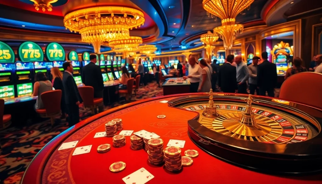 Experience the thrill of 7m gaming with vibrant casino tables and lively gamblers.