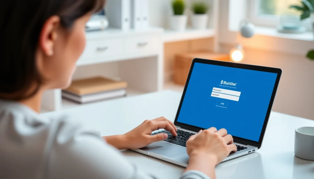 Securely access your BlueVine login page while working at a clean desk with a laptop.