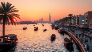 Explore Dubai Creek at sunset with dhows and vibrant colors, showcasing history and culture.