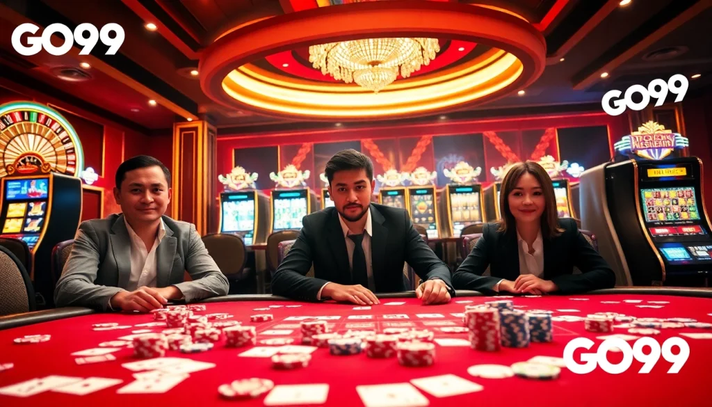 Engage in thrilling gameplay at GO99's vibrant casino scene with poker chips and roulette excitement.