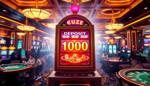 Adegan menarik mesin slot yang menyoroti slot deposit 1000 di antara elemen kasino yang berwarna-warni.
