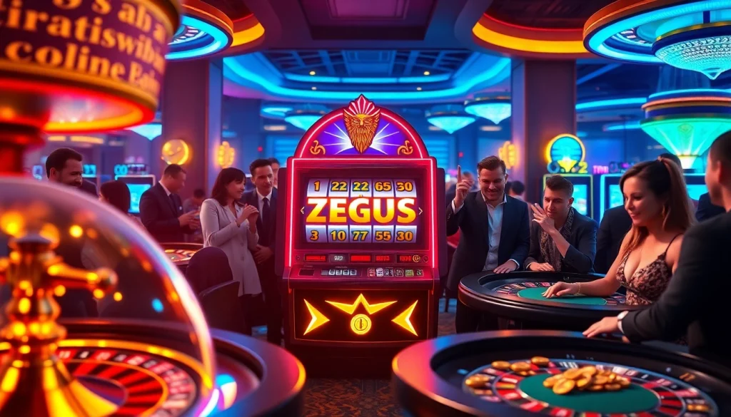 Excited gamblers playing the Slot Zeus machine in a luxurious casino filled with vibrant lights and engaging gameplay.
