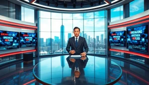 WTAJ news anchor presenting live updates in a vibrant studio setting with digital screens.