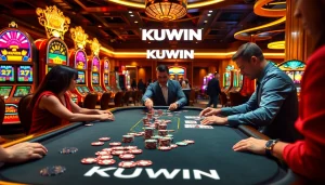 Experience the thrill of KUWIN with players engaged at a vibrant casino table, surrounded by excitement.