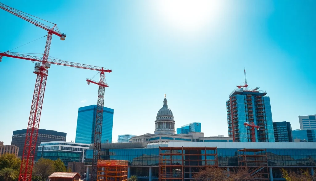 Austin construction projects in a vibrant skyline with cranes and modern buildings.
