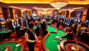 Players celebrating wins in a glamorous casino atmosphere at 555win with vibrant games and excitement.