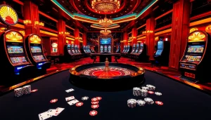 Experience the excitement of gambling at Haywin with vibrant casino visuals, featuring tables and slot machines.