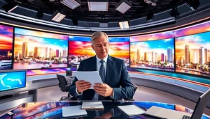 Journalist analyzing headlines for South Florida Reporter in a dynamic newsroom.
