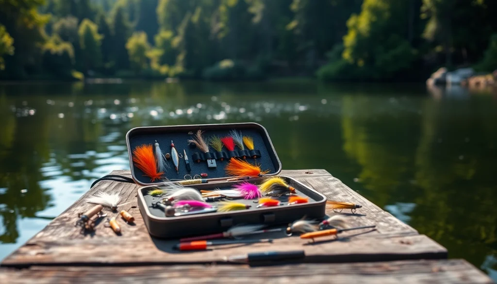 Fly fishing kit displayed on a rustic dock by a serene lake, highlighting gear and allure.