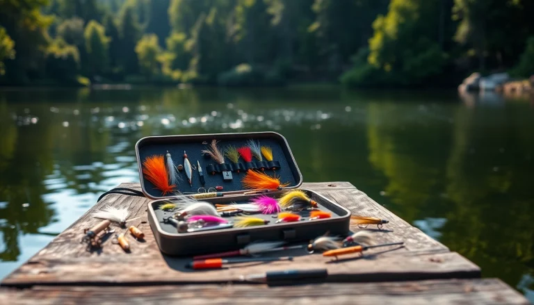 Fly fishing kit displayed on a rustic dock by a serene lake, highlighting gear and allure.