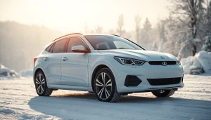 Showcasing PPF winter road salt protection on a vehicle in a snowy setting.