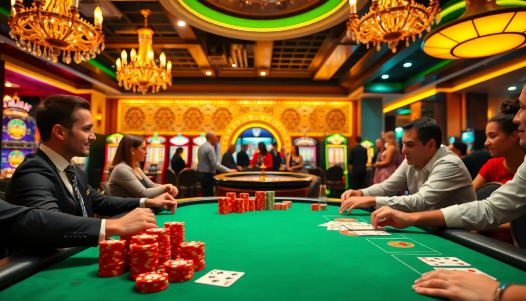 Excitement at a CM88 poker table surrounded by colorful chips and cards in a luxurious casino atmosphere.