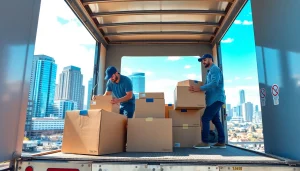 Efficient team of moving companies calgary packing boxes in a truck against the Calgary skyline.