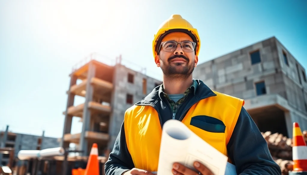 Construction career professional working on a busy site with safety gear and tools.