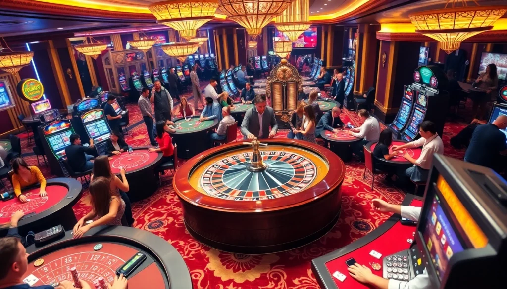 Experience thrilling gambling at Haywin casino, with players engaged at vibrant roulette and poker tables.
