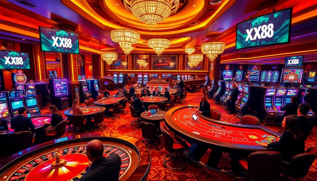 Players enjoying games at XX88 casino, featuring lively poker tables and slot machines.