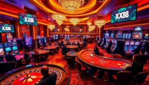 Players enjoying games at XX88 casino, featuring lively poker tables and slot machines.