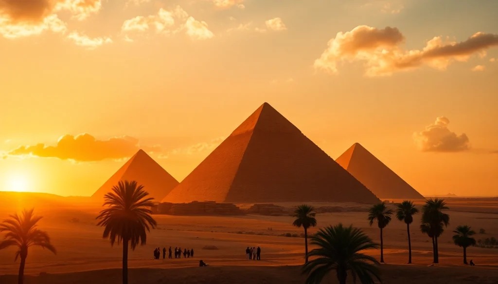 Experience the breathtaking piraminds of Giza silhouetted against a vibrant sunset sky.