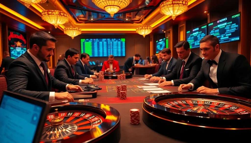 Engaging sports betting scene highlighting เทคนิคแทงบอล with dynamic table action in a luxury casino atmosphere.